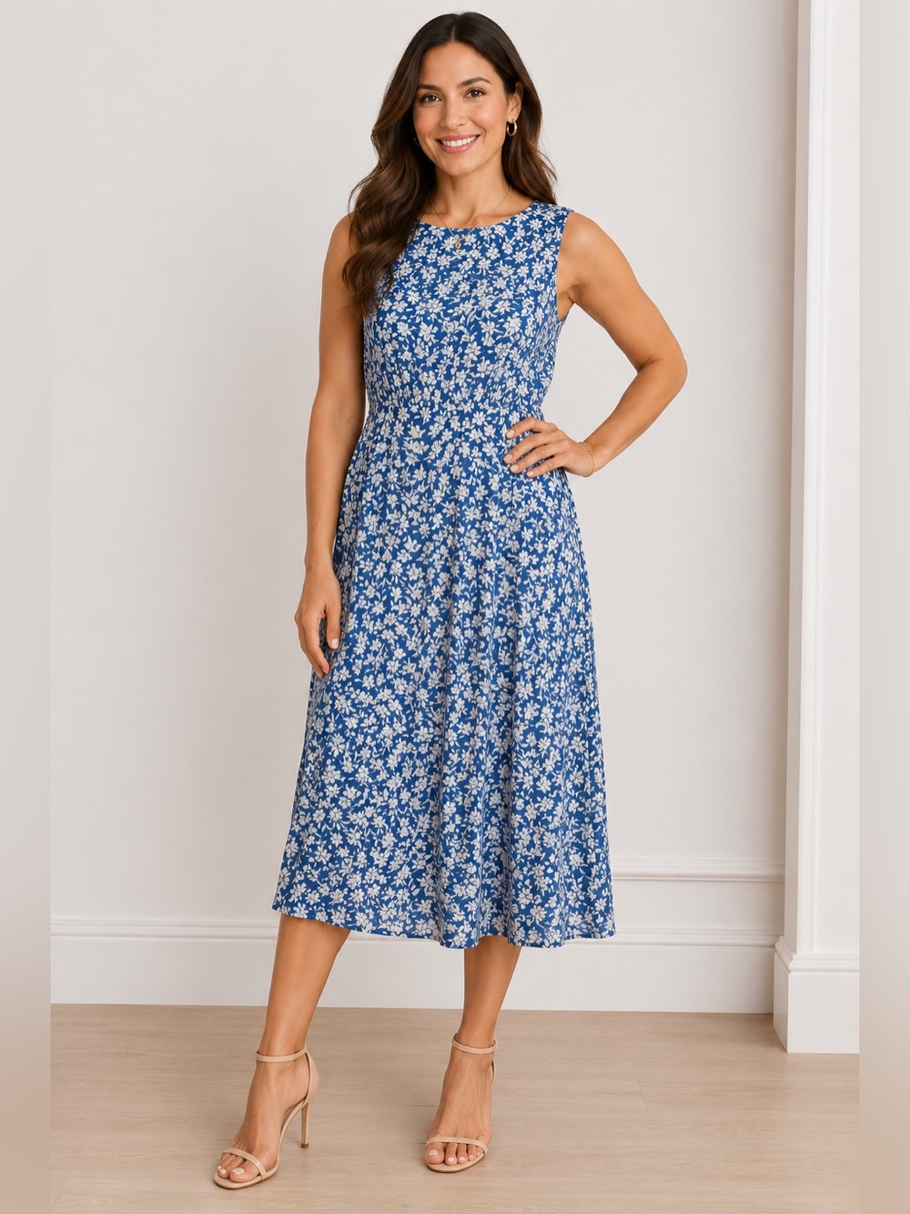 London Times Floral Blue Sleeveless Dress